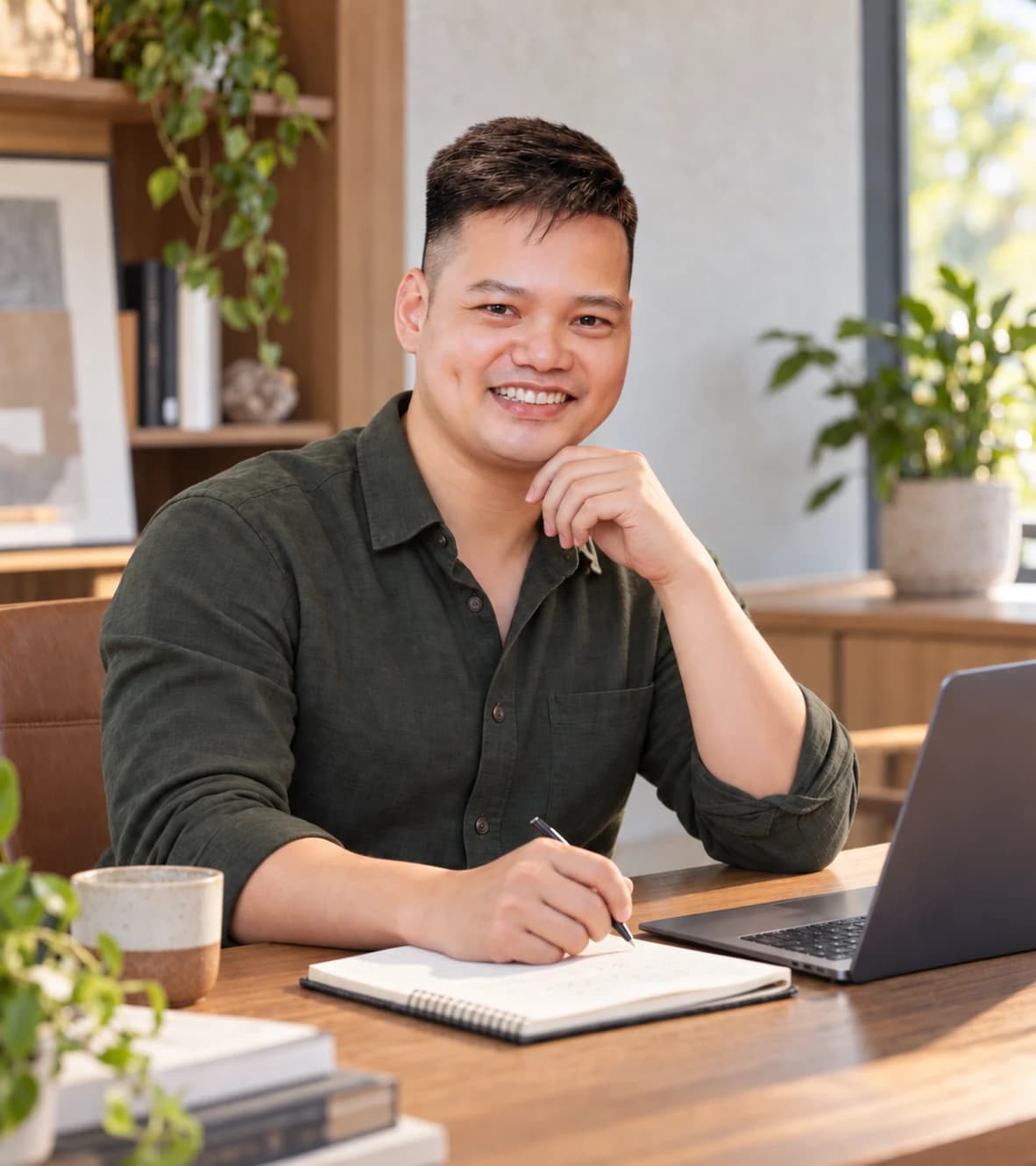 Vo Duong writing at a table in a sunlit workspace.